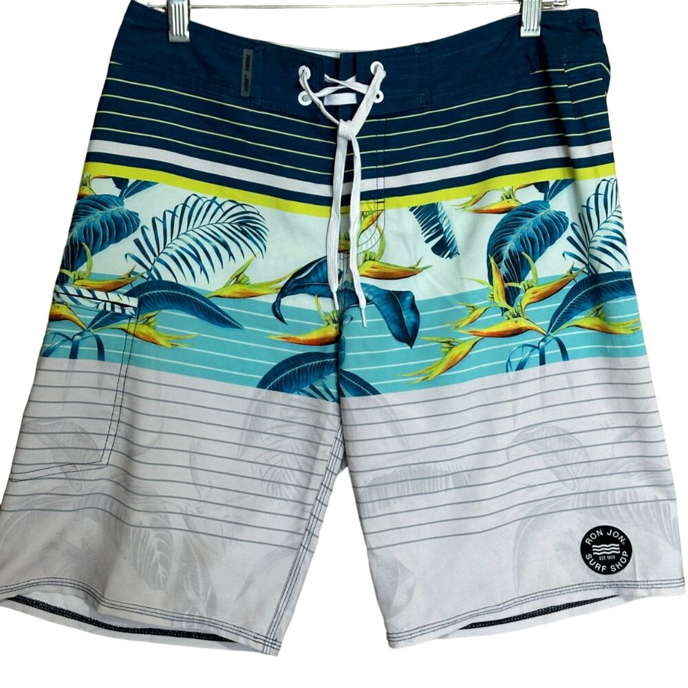Ron Jon Board Shorts - Size 30 Waist - Surf Shop - Floral - Blue & White - Swim